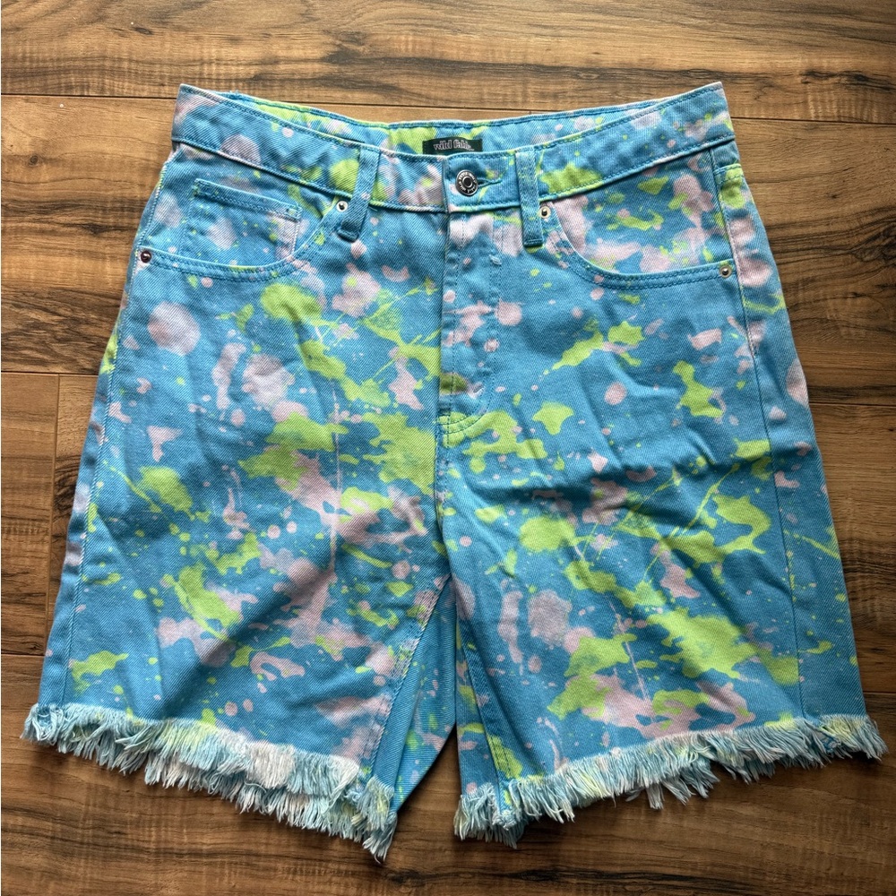 Wild Fable Blue and Green Splatter High Rise Bermuda Jean Shorts
